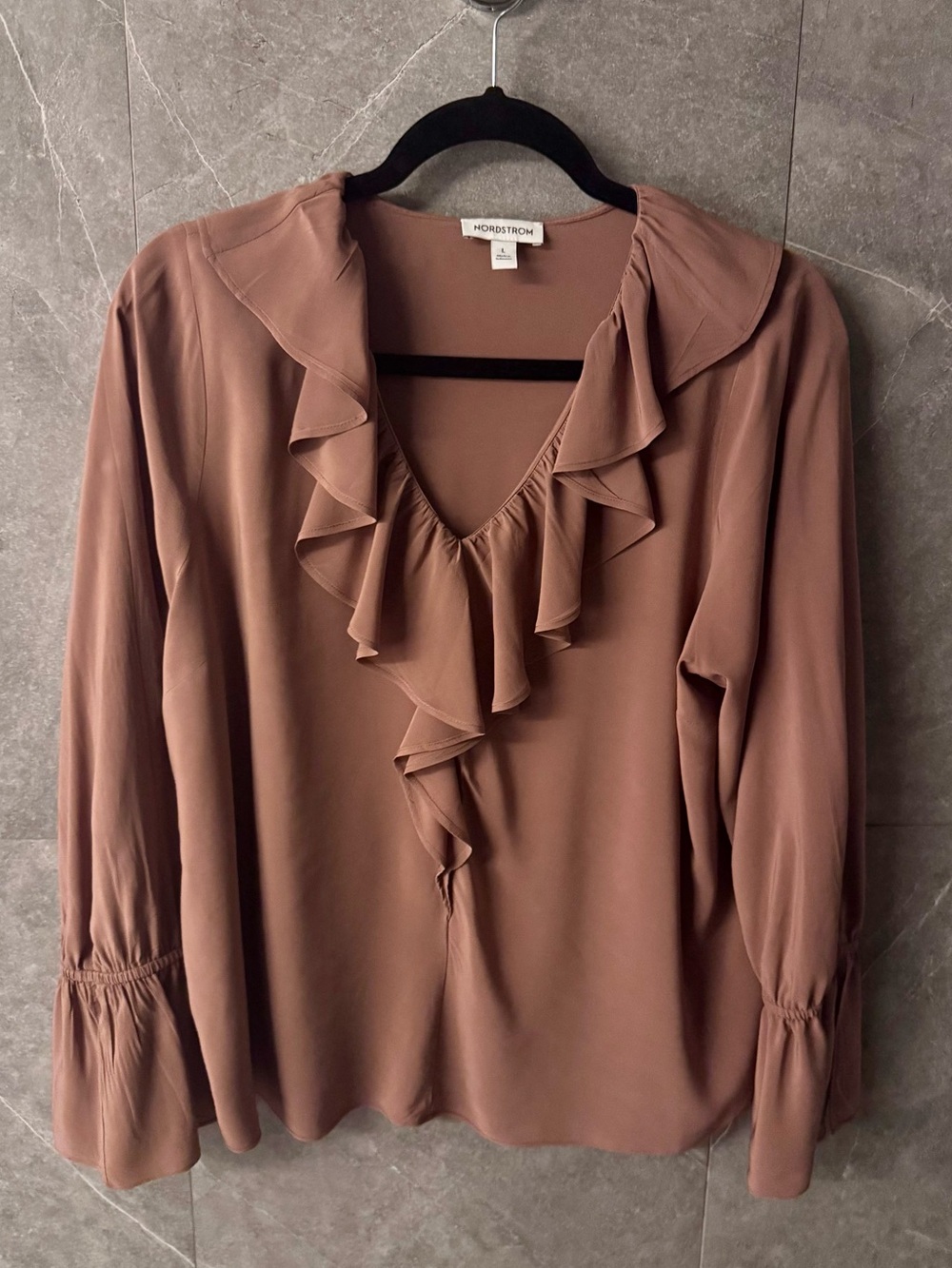 Nordstrom Ruffle V-Neck Long-Sleeve Blouse — Chestnut Brown
